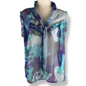 Jonathan Martin Painterly Watercolor Tie Neck‎ Top Womens Size XL Sheer Flowy